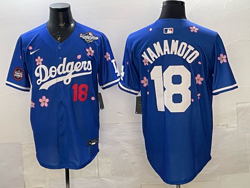 Men Los Angeles Dodgers #18 Yamamoto Blue Sakura Edition 2026 Nike MLB Jersey 002